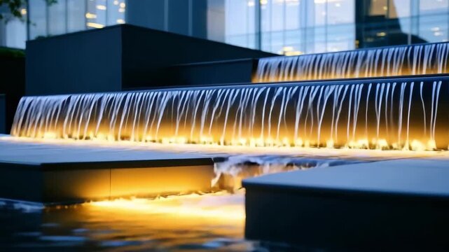 Serene nighttime waterfall cascading modern building