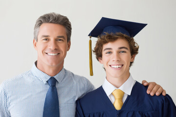 Father's day Son Gratitude Appreciation Concept, Proud father and son share gratitude on graduation day showing appreciation with warm embrace