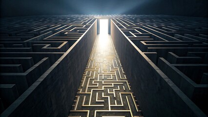 Dark maze labyrinth with glowing path leading to bright exit door symbolizing solution success and direction in challenging journey