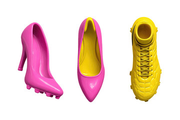 Three brightly colored shoes, a high-heeled pump, a low-heeled pump, and a sports shoe