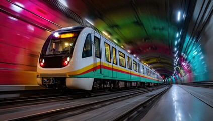 Fototapeta premium A high-speed train with teal, yellow, and white accents speeds through a vibrantly lit tunnel, showcasing motion blur and colorful walls