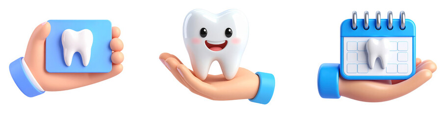Hand holding tooth model, hand holding smiling tooth, and hand holding calendar symbolize dental care, oral hygiene, and dentist appointment reminder in cheerful, cartoon style