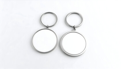Pair of Round Metal Keychains with Blank White Inserts, Isolated on a Clean White Background for Mockup