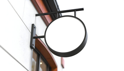 Modern Blank Round Hanging Signboard Mockup with Black Frame on a Building Exterior