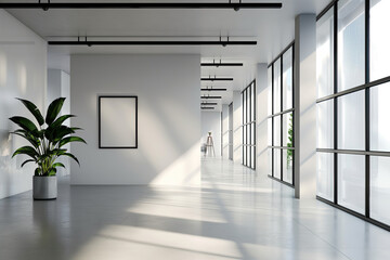 Fototapeta premium Sunlit modern office corridor with floor-to-ceiling windows, blank poster frame and potted plant — minimalist interior