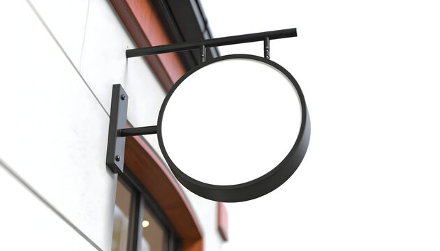 Modern Blank Round Hanging Signboard Mockup with Black Frame on a Building Exterior