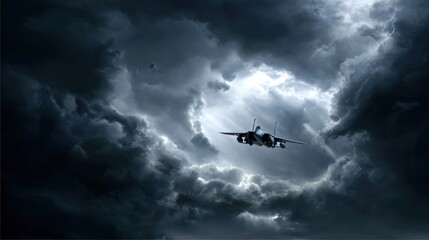 Fighter jet piercing dark storm clouds