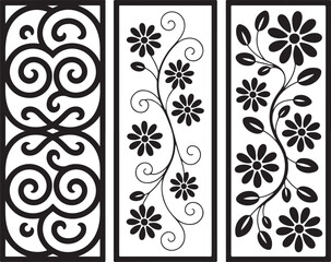 A set of three decorative laser-cut panels with intricate floral and scrollwork patterns, designed in a black-and-white style for elegant ornamental dividers or screens.