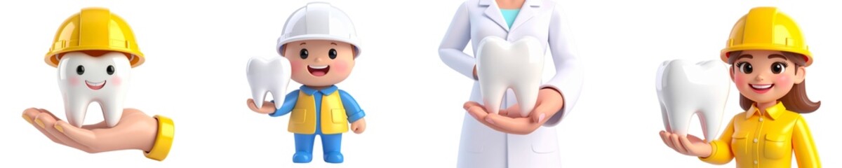 Hand holding tooth child in construction uniform with tooth dentist in coat woman in yellow helmet holding tooth dental care smiling healthy teeth cartoon style