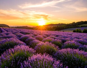 Naklejka premium Lavender field at sunset. Vast expanse of purple lavender flowers under a golden sunset