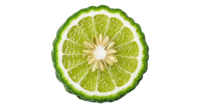 Halved green kaffir lime with segmented pulp and seeds against background citrus