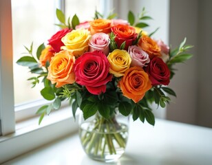 Vibrant rose bouquet with pink, red, yellow, orange blooms in glass vase. Floral arrangement features nature, love, beauty, perfect for gifts, anniversaries, Valentine Day celebrations. Isolated on