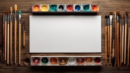 Paintbrushes and palette framing blank canvas on rustic wooden background