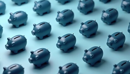 Pattern of navy blue piggy banks on light blue backdrop. Concept of savings financial security investment wealth. Piggy bank objects, business finance economy, banking, save money for the future.