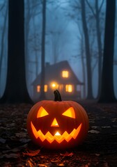 Obraz premium Jack o lantern in a spooky forest with a haunted house