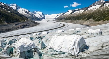 Majestic Glacier Valley with Camping Tents Under Blue Sky.