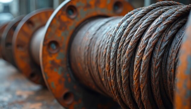 Close-up of weathered steel wire cable spooled onto rusty metal drum. Heavy-duty cord shows signs of age, corrosion, with rough, textured surface. Industrial material, strong rope detail, suitable