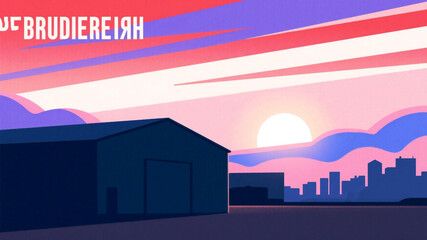 Striking sunset over a stylized cityscape with vibrant colors and industrial building silhouettes, perfect for conveying urban themes and modern design concepts