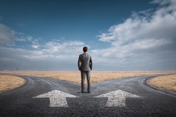 A businessman contemplates at a fork in the road, gazing at arrows pointing in different directions, symbolizing strategic planning and decision-making.