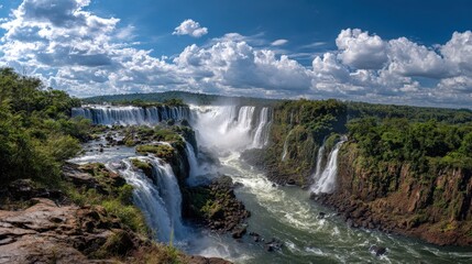 Fototapeta premium A breathtaking view of Iguazu Falls with cascading water, lush green trees, and a bright blue sky on a sunny day, capturing the power and beauty of nature.