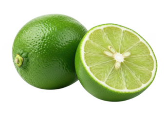 One whole green lime and one half lime with visible seeds citrus fruit image