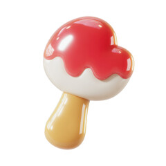 3D rendered cartoon mushroom, glossy red top, white cap, light beige stem