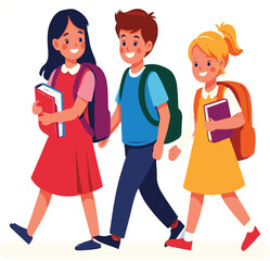 Back to School: Three cheerful children, with backpacks and books, walking toward the start of a new term, symbolizing education and growth, depicted in a colorful illustration.