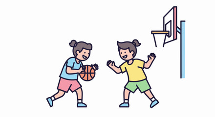 Two girls playing basketball focused on the game and having fun.