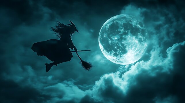 Wicked witch flying on a broomstick under the moon
