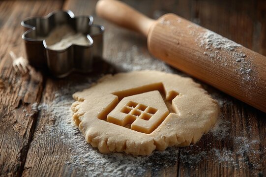 Cookie cutter shaped like a house placed on raw dough