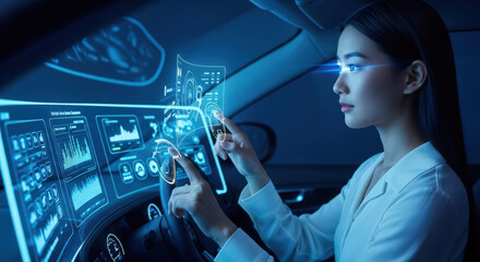 Futuristic Car Interior with Advanced Technology Interface, Featuring a Young Woman Interacting with Holographic Displays and Touchscreen Controls for Autonomous Driving