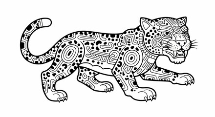 Detailed black and white jaguar drawing with decorative patterns.