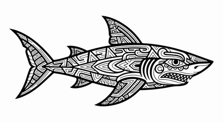Detailed tribal shark illustration black and white art isolated on white.