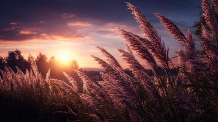 Naklejka premium Close-up of dew on tall grass sparkling in golden sunrise light, symbolic of renewal.