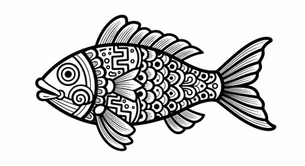 Intricate black and white fish illustration with detailed patterns.