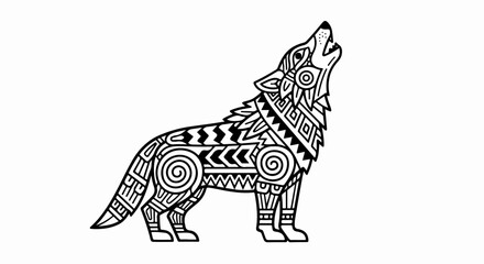 Intricate black and white wolf illustration with tribal patterns howling.