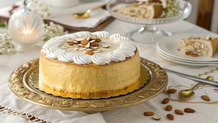 Golden Almond Cake with White Cream Swirls dessert