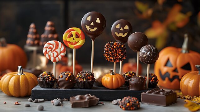 Halloween candy assortment including lollipops and chocolate