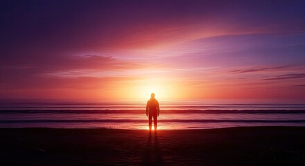 A silhouette of a person lifting arms in worship against a radiant dawn sky, epic wide shot.