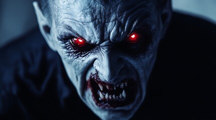 Creepy vampire with red eyes and fangs