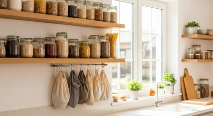 Pantry goals inspiration in a bright kitchen with organized food containers and sustainable grocery bags