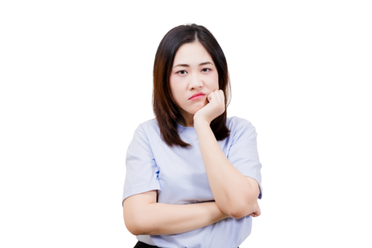 Asian young beautiful woman with a thoughtful expression, resting her chin on her hand while crossing her arms, conveys a sense of contemplation.