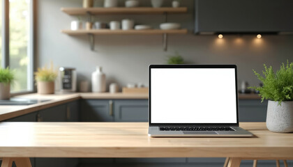 Obraz premium Serene workspace with wooden desk against wall. Laptop with blank screen, black keyboard, white mug. Small plant next to laptop, gray vase on desk. Natural light filters through white blinds window.