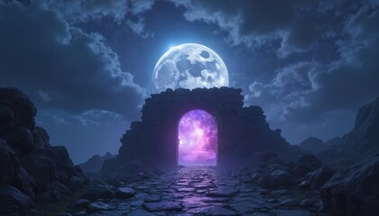 Castle under moonlit sky with gray stone structure. Purple archway dominates scene with vibrant color. Dark blue backdrop, rocky landscape, boulder, smaller rock. Soft glow from moon casts light over
