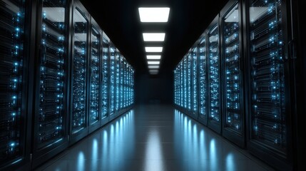 A futuristic server room with dark blue and black tones, featuring glowing data center machines arranged in rows, conveying high-tech digital infrastructure and advanced technology.