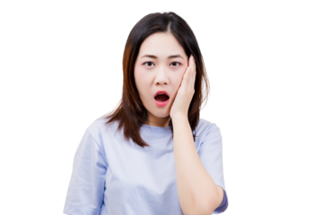 Asian young beautiful woman displays a surprised expression, with her hand on her cheek, conveying shock or disbelief.