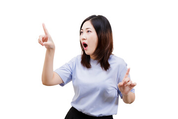 Asian young beautiful woman with shoulder-length hair gestures passionately while speaking, expressing excitement or urgency with an open mouth and raised finger.