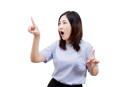 Asian young beautiful woman with shoulder-length hair gestures passionately while speaking, expressing excitement or urgency with an open mouth and raised finger.