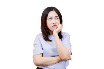 Asian young beautiful woman with a thoughtful expression rests her chin on her hand, appearing contemplative and engaged in deep thought.