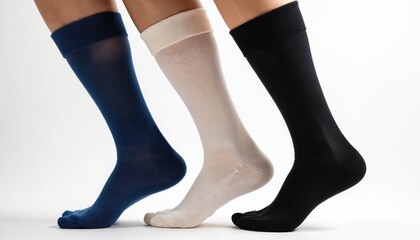 Three pairs of compression socks in different colors and patterns. Blue, white, black gradient design. Textured fabric for comfort and support. Hosiery for health care and wellness.